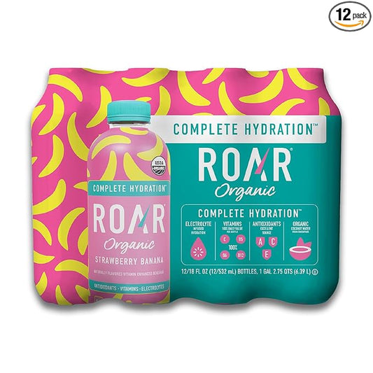 Roar Complete Hydration Organic - Electrolyte Drinks Loaded with Vitamins C, B5, B12 - Non-GMO, Gluten-Free - Strawberry Banana - 12 pc