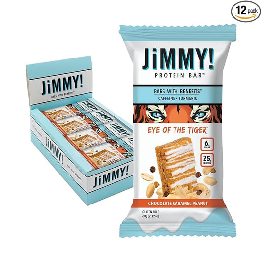 JiMMYBAR! - Eye Of The Tiger Caramel Chocolate Peanut Protein Bars - 25g Protein Bar - 6g Low Sugar - 12 Count - 60g Health Bars - Functional Snack with Real Peanuts & Hand-Drizzled Chocolate