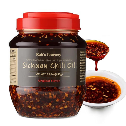 Kah's Journey Xtra Spicy Original Szechuan Chili Oil - 15.87oz (450g) Spicy Chili Crisp, Vegan, Sugar Free Hot Sauce, Great for Noodles, Dumplings, Vegetables, Meats