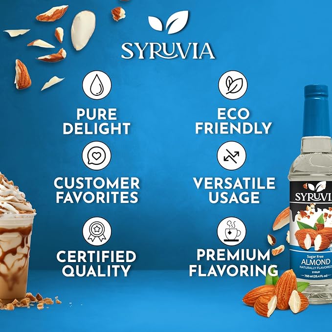 Syruvia Sugar Free Coffee Syrup, Almond Flavored Syrup for Drinks, Lattes, and Desserts – 25.4 fl oz