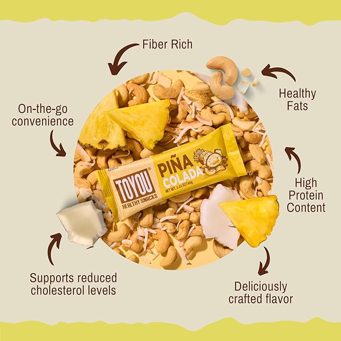 ToYou Gluten Free Chewy Fruit and Nut Bars - Healthy Protein Snacks | Piña Colada - 1.41 Ounce (Pack of 12) | Soft Chewy, Vegan, Fiber-Packed Granola Bars for Adults and Kids, Made with Natural Ingredients