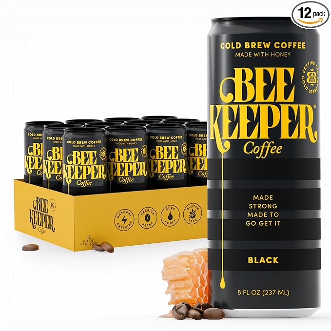 Beekeeper Black Cold Brew Coffee Drinks with Oregon Honey | 12 Pack Refreshing Iced Coffee - Unsweetened & Strong Arabica Brew, 8 fl oz Ready-to-Drink Can - 180mg Natural Caffeine