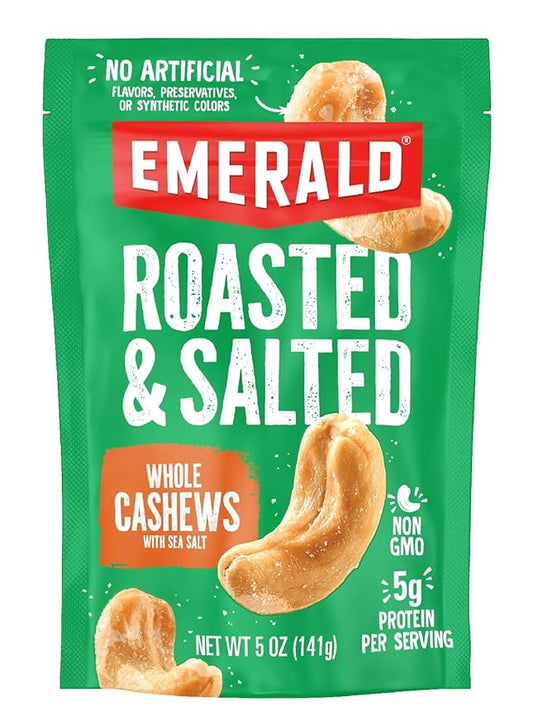Emerald Nuts Roasted and Salted Whole Cashews (1-Pack), 5oz Resealable Bag, Plant-Based Protein, Kosher Certified, Non-GMO, Contains No Artificial Preservatives, Flavors or Synthetic Colors