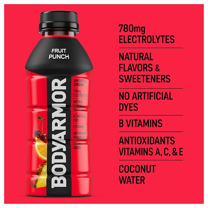 BODYARMOR Sports Drink, Fruit Punch, Electrolyte Drink Hydration, 16 Fl Oz Bottles (12 Pack), Flavored Coconut Water with B Vitamins & Antioxidants