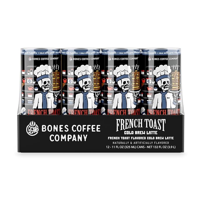 Bones Coffee Company French Toast Latte Sweet and Buttery Flavored Coffee, Medium Roast Ready To Drink Iced Coffee in Can, 11 Fl Oz Can (12 Pack)