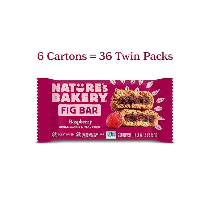 Nature’s Bakery Whole Wheat Fig Bars, Raspberry, Real Fruit, Vegan, Non-GMO, Snack bar, 6 Count (Pack of 6)