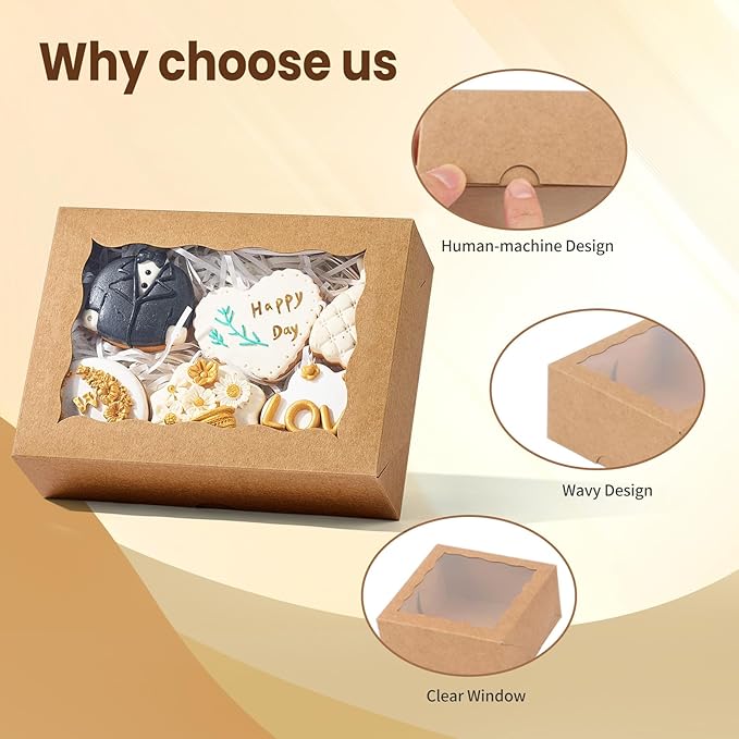 50PCS 8x6x2.5 Inch Brown Bakery Boxes with Window, Pastry Box for Chocolate Strawberries, Macarons, Truffles, Perfect for Thanksgiving Day, Mother's Day, Christmas Party Favors & Holiday
