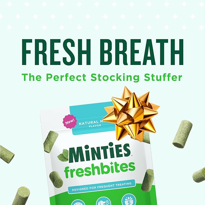 Minties FreshBites Soft and Chewy Dental Treats for Dogs, Low Calorie Natural Mint Flavored Dental Chews for Dogs, 50 Count, Chews Clean Teeth, Fight Bad Breath, and Removes Plaque and Tartar