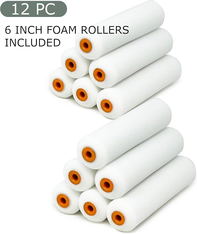 Allgala Foam Rollers, 12 Pack 6 inch Shedless Mini Foam Sponge Paint Roller Cover for Trim Wall Funiture Doors Cupboard Cabinets Doors