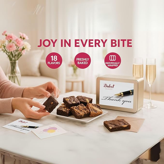 Thank You Gift Basket - 18 Individually Wrapped Brownies Freshly Baked in a Variety of Flavors - Dulcet's Signature Flavored Fudge Brownies - Gift Box Comes with Thank You Card