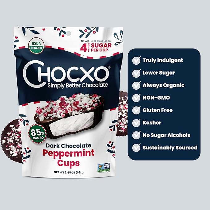 Chocxo Dark Chocolate Peppermint Cups - Lower Sugar Christmas Candy, 85% Organic Cacao, NonGMO, Keto, Gluten Free, Kosher. No Artificial Sweeteners/Sugar Alcohols, 3.45 oz (Pack of 6)