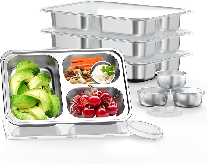 Stainless Steel Divided Plate for Kids Toddler, Non Toxic Portion Control Plate Dinner Plate with Lid for Adults Weight Loss, 4 Pack 3 Sections Rectangular Snack Plate Tray