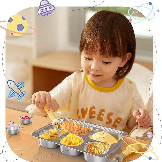 Stainless Steel Divided Plate for Kids Toddler, Non Toxic Portion Control Plate Dinner Plate with Lid for Adults Weight Loss, 2 Pack 5 Sections Rectangular Snack Plate Tray