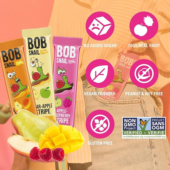 BOB SNAIL Healthy Fruit Snacks for Kids and Adults – 30 Fruit Leather Snacks with Pear-Apple, Raspberry, Mango – Vegan Low-Carb Variety Pack Strips for Kids – Sugar Free Jerky Bars