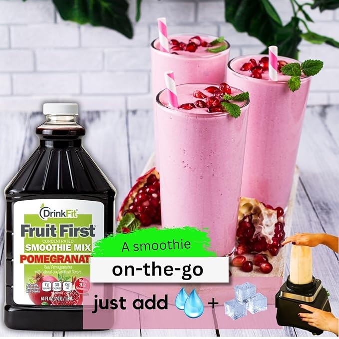 DrinkFit Fruit Smoothie | Real Fruit Puree, Low Sugar, Gluten:Free & Non:GMO, Pomegranate Smoothie Mix : Makes 32 Smoothies, 64 Fl Oz with Dispensing Pump (Pomegranate)