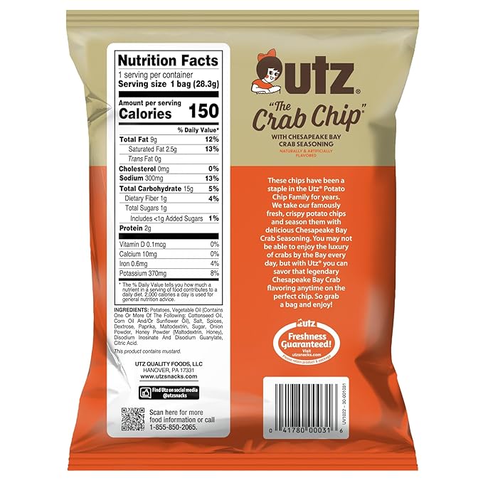 Utz Crab Chips 1 oz. Bags, 42 Count, Crispy Fresh Potato Chips, Perfect for Vending Machines, Individual Snacks to Go, Trans-Fat Free