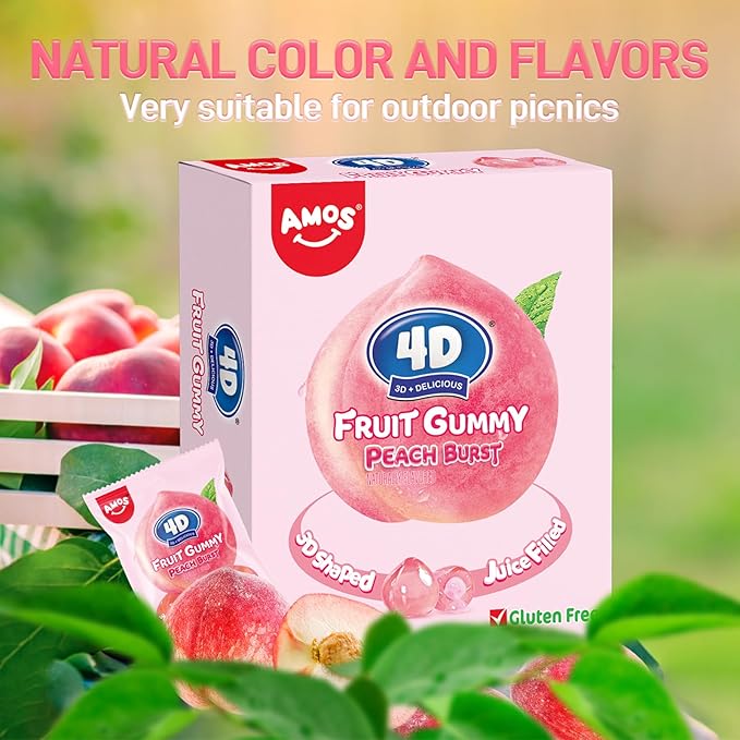 AMOS 4D Gummy Candy Peach Burst – 3D Peach Shaped, Jelly-Filled, Natural Flavor Fruit Gummy – 240g Box (Pack of 10) – Fruit-Filled Gummy Treats for Kids & Adults