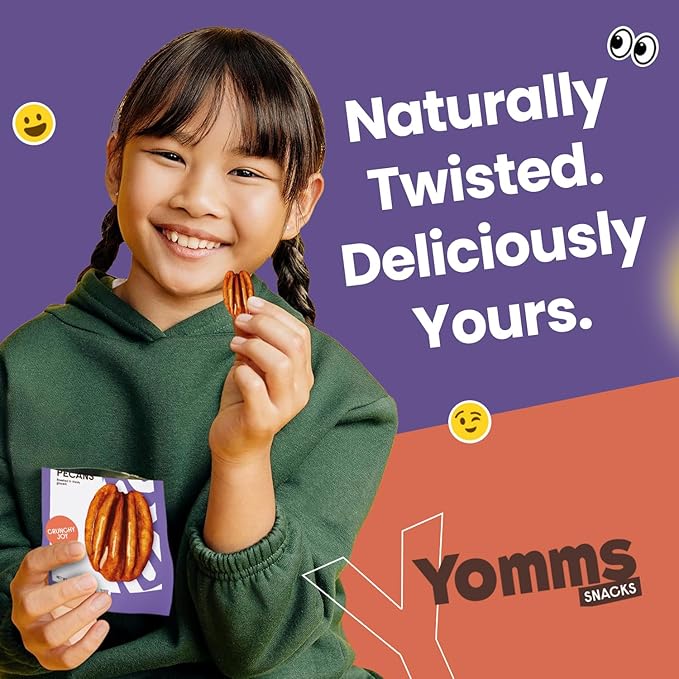 Yomms Crunchy Joy Glazed Whole Pecan Halves, 7.8 oz (6 Pack), Gluten-Free & Non-GMO Healthy Dessert Snacks – Low Sugar Classic Candied Nut Pouches – Gourmet Roasted Snacking Pecans – 1.3oz Individual Bags
