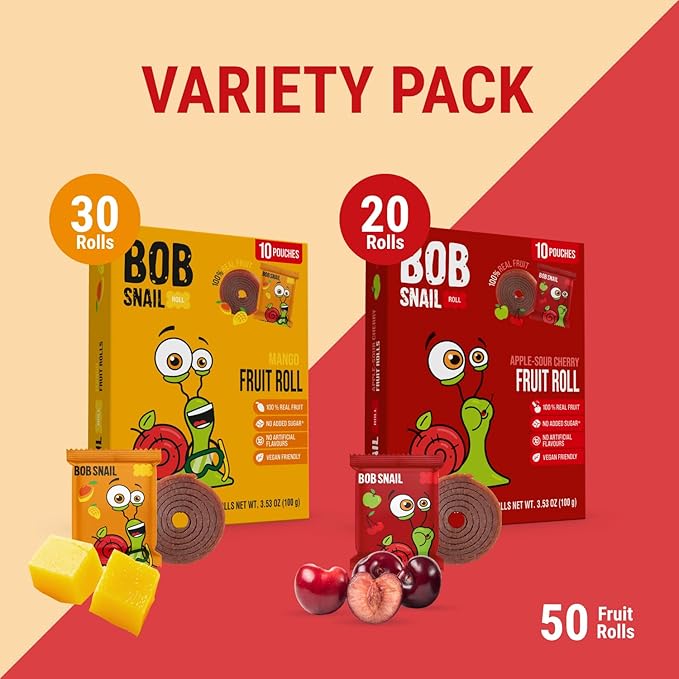 Bob Snail Fruit Roll Ups – 50 Natural Fruit Snacks (Mango & Sour Cherry), Vegan, No Added Sugar, Healthy On-the-Go Pack, 500g