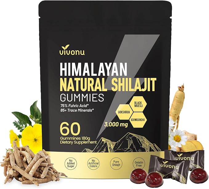 Himalayan Shilajit Gummies with Ashwagandha & Gokshura | 85+ & Fulvic Acid | Organic, Non-GMO for Men & Women | 100% Pure & Natural
