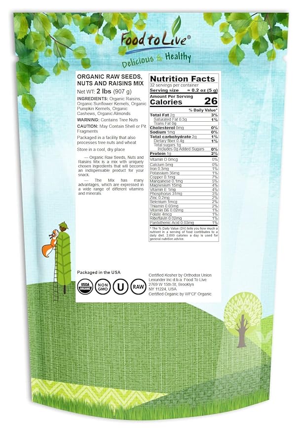 Organic Raw Seeds, Nuts and Raisins Mix, 2 Pounds - Raw and Non-GMO Trail Mix Contains Walnuts, Almonds, Cashews, Hazelnuts, and Raisins. Vegan Superfood Snack, Kosher, No Added Sugar and Oil, Bulk