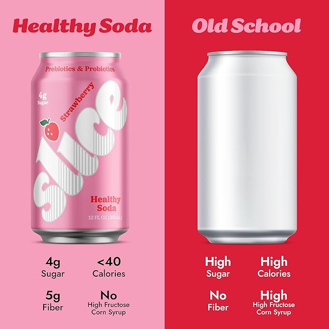 Slice Healthy Soda, Strawberry, Prebiotic & Probiotic Soda Pop, 5g Fiber, 35 calories, 12 fl oz 12 Pack