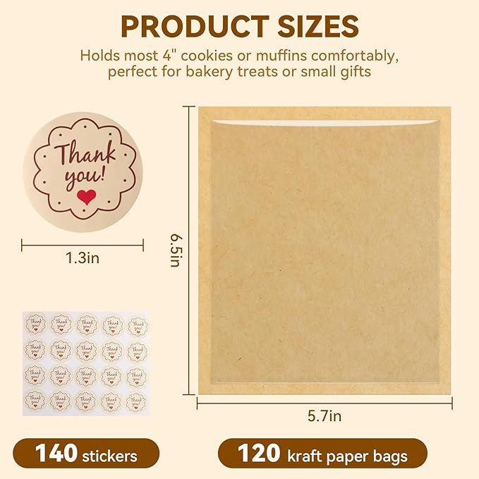 120Pack cookie bags with seal, 5.7x6.5 Inch Small Paper Bakery Bags with Window 140 Pcs Thank You Stickers, Heat Sealable & Grease Resistant for Donut, Treats, Scone, Brownie Packaging