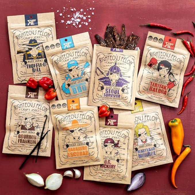 Righteous Felon Beef Jerky Variety Pack | Gluten Free Beef Jerky Snack Pack | High Protein, Keto-Friendly, Low Sugar | Made with Premium Meats | Valentines Day Gifts for Men | Sampler 8 Pack