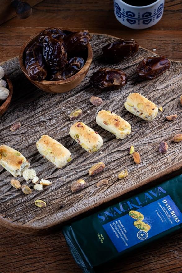 Snacklava Pistachio Date Bites with Cardamom - 6 Pack (18 Pieces) - Pistachio and Date Filled Maamoul Shortbread Cookies - No Artificial Ingredients, Colors or Preservatives