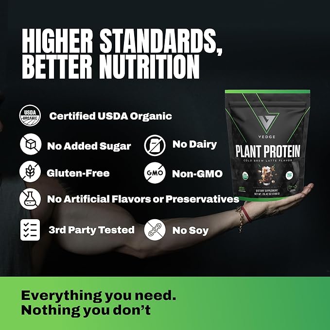 VEDGE Vegan Protein Powder - Plant Protein Powder with Pea, Pumpkin & Sunflower - USDA Organic, Amino Acids, Dairy Free, Gluten Free, Soy Free, Keto, Non GMO - Cold Brew Latte - 20 Servings