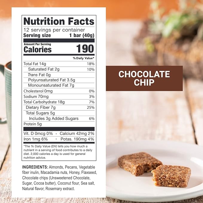 Prolon Fasting Bars | 5g Protein, 7g Fiber | Keto-Friendly, Gluten-Free, Dairy-Free, Plant-Based | Nutrition for Intermittent Fasting | Formulated to Not Break Your Fast | Chocolate Chip (12 Count)