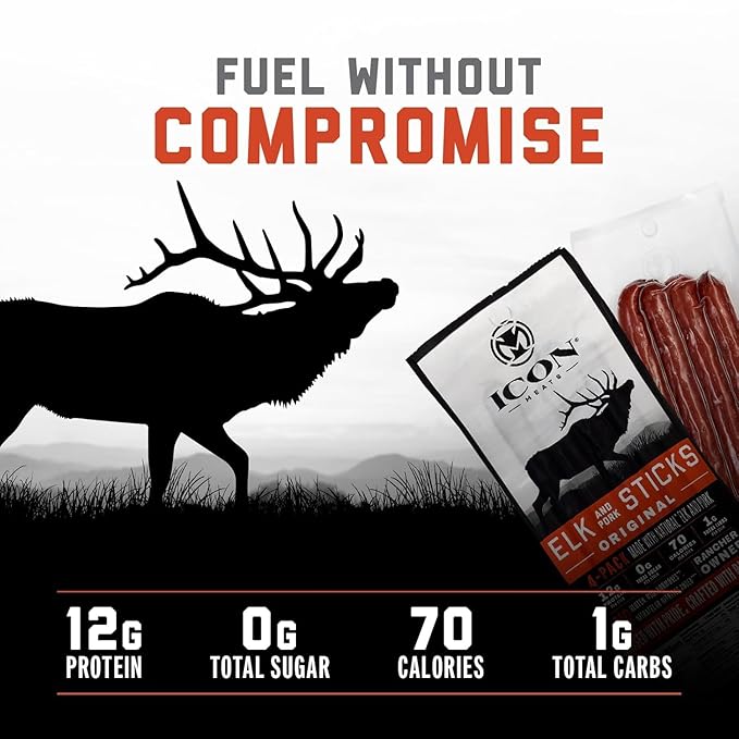 ICON Meats Elk and Pork Snack Sticks, Original, 6 Pack of High Protein Snacks, 4 Meat Sticks per Pack, Low Sugar, Gluten Free, Natural, USDA Inspected, Made in the USA, Gifts or Stocking Stuffers
