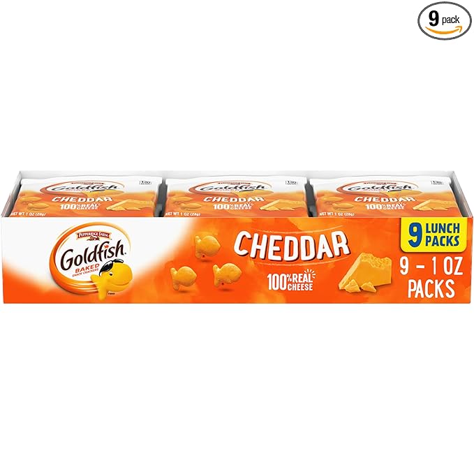 Goldfish Cheddar Cheese Crackers, Baked Snack Crackers, 1 oz On-the-Go Snack Packs, 9 Count Tray