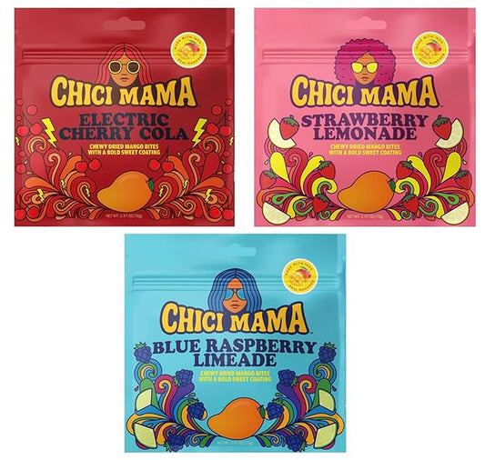 Chici Mama Chewy Mango Bites Starter Pack – Electric Cherry Cola, Strawberry Lemonade & Blue Raspberry Limeade | Made with Real Mango | Chewy, Juicy Candy-Alternative Treat | No Artificial Colors, Flavors, or Sweeteners | Gluten-Free, Naturally Vegan &...