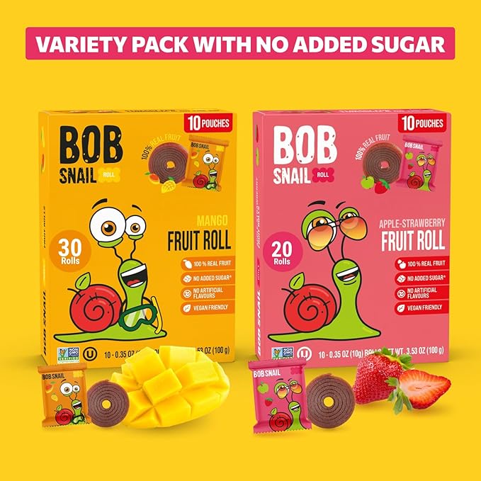 Bob Snail Fruit Roll Ups – 50 Natural Fruit Snacks (Mango & Strawberry), Vegan, No Added Sugar, Healthy On-the-Go Pack, 500g