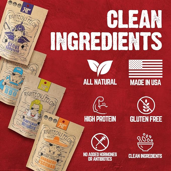 Righteous Felon Beef Jerky Variety Pack | Gluten Free Snack Packs for Adults | High Protein, Keto, Low Sugar | Made with Premium Meats | Valentines Day Gifts for Men | Spicy Jerky 4 Pack