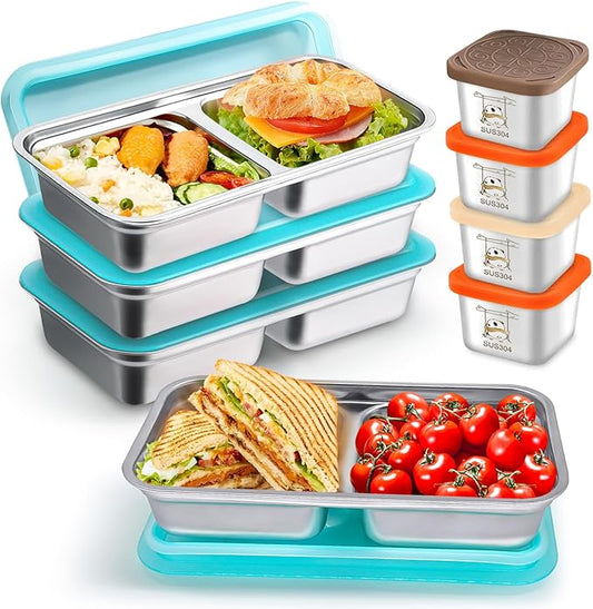 8PCS Stainless Steel Snack Containers — Double Compartment Lunch Boxes + 4Small Sauce Cups | 304 Food-Grade | Reusable, Stackable & Dishwasher Safe | Leak-Resistant Lids for Travel, Kids Lunches
