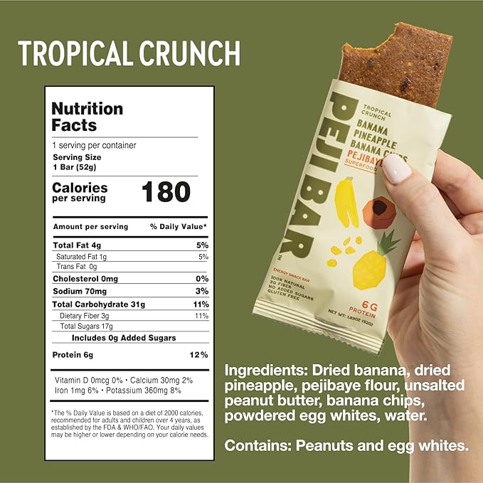 PEJI BAR Superfood Energy Bars | Tropical Crunch Banana Pineapple Flavor | Gluten Free, 6g Protein, Fiber, Whole Ingredients, No Sugar Added | Adventure Ready Snack, 12 Count