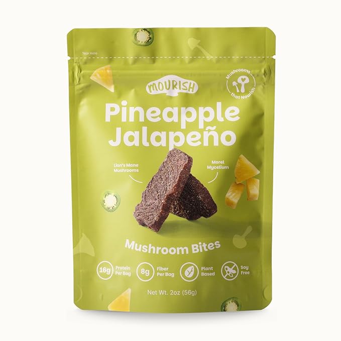 Mourish Vegan Mushroom Bites, Pineapple Jalapeno, 1 Pack (2 oz), Good Source of Protein and Fiber, Plant Based Meat Jerky, Spicy Flavor, Meatless Healthy Snacks for Hiking, Work, Travel & School