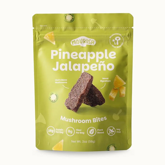 Mourish Vegan Mushroom Bites, Pineapple Jalapeno, 1 Pack (2 oz), Good Source of Protein and Fiber, Plant Based Meat Jerky, Spicy Flavor, Meatless Healthy Snacks for Hiking, Work, Travel & School