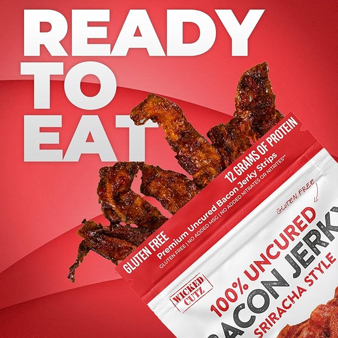 Sriracha Flavored Bacon Jerky, 12g Protein Per Bag, Tender & Easy to Chew Fully Cooked Bacon, USA Made, High Protein Carnivore Snacks (2 Bags)