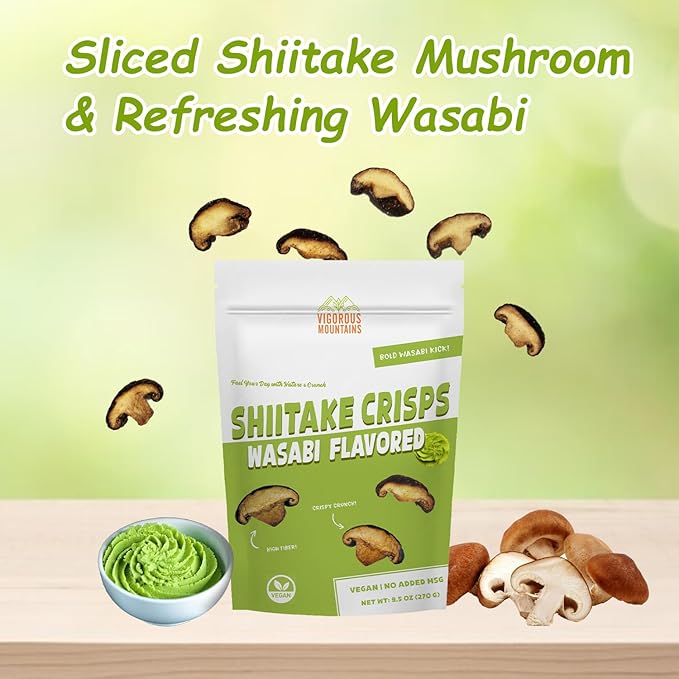 VIGOROUS MOUNTAINS Shiitake Mushroom Snack Chips, Crunchy Veggie Crisps, Wasabi Flavored Dried Snacks Perfect for Snacking Salad Topping | Non-GMO Low-Fat High Fiber | Vegetarian-Friendly in Resealable Full Zip Lock Bag (9.5 Ounce)