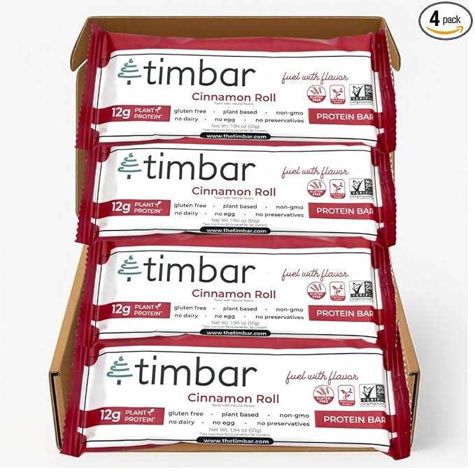 timbar Protein 4 Bars Pack | 12g Protein & 9g Fiber Plant Based- Energy & Nut Bars | Gluten Free, Non-GMO, Dairy Free, Healthy On-the-Go Snack & Meal Replacement (4 Packs, Cinnamon Roll)