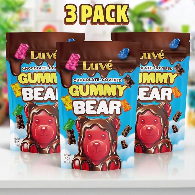 Luve Chocolate Covered Gummy Bears, 3 Packs of Milk Chocolate Gummy Bears 4oz Bags Each, Sweet Bear Chocolates with Perfect Texture in Every Bite, For Kids and Adults