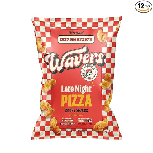 WAVERS by Doughbrik's Snacks, Late Night Pizza Flavor 4.5 oz Bags, Crispy Crunchy Texture Perfect Anytime Snack Made in the USA (12-Pack)