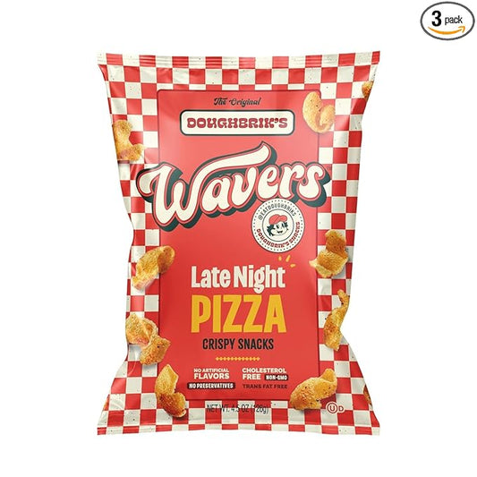 WAVERS by Doughbrik's Snacks, Late Night Pizza Flavor 4.5 oz Bags, Crispy Crunchy Texture Perfect Anytime Snack Made in the USA (3-Pack)