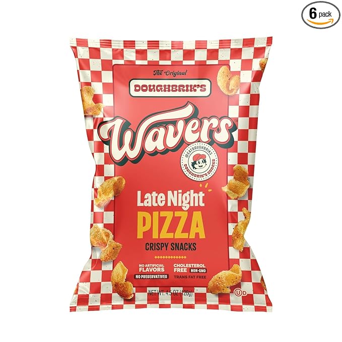 WAVERS by Doughbrik's Snacks, Late Night Pizza Flavor 4.5 oz Bags, Crispy Crunchy Texture Perfect Anytime Snack Made in the USA (6-Pack)