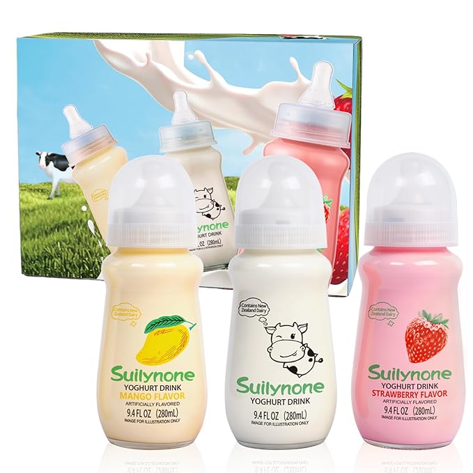 280ml Yogurt Drink Reusable Glass Bottle, 3-Pack Mixed Flavors Drinkable Yogurt - Fun Gift Box, Birthday & Holiday Present.（Valentines Day Gifts）