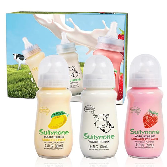 280ml Yogurt Drink Reusable Glass Bottle, 3-Pack Mixed Flavors Drinkable Yogurt - Fun Gift Box, Birthday & Holiday Present.（Valentines Day Gifts）