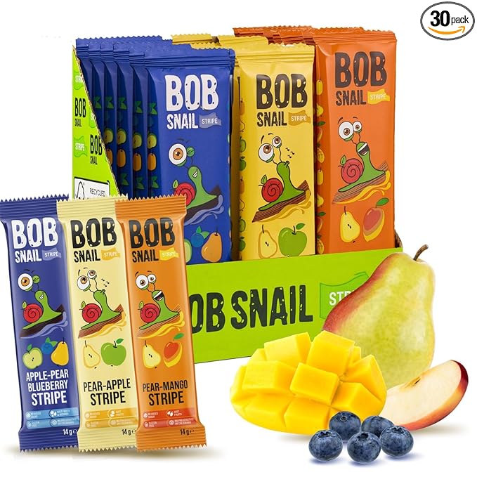BOB SNAIL Healthy Fruit Snacks for Kids and Adults – 30 Fruit Leather Snacks with Pear & Apple, Blueberry, Mango – Vegan Low-Carb Variety Pack Strips for Kids – Sugar Free Jerky Bars